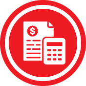 Red circular icon depicting an invoice with a dollar sign and a calculator, symbolizing accounting and billing